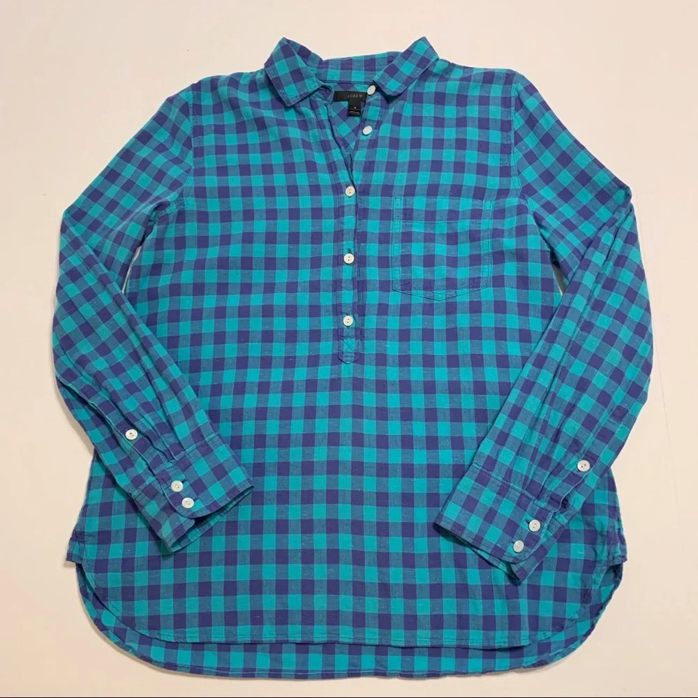 J. Crew Caribbean Blue Gingham Popover Shirt - Picture 4 of 9